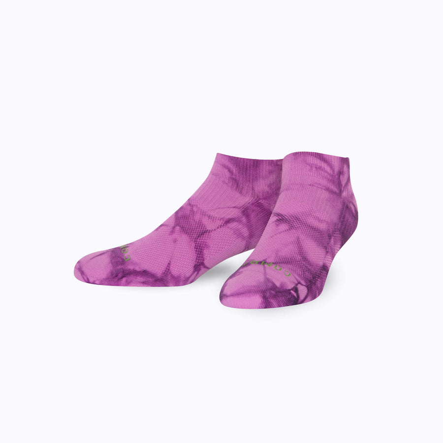Front view of nylon ankle soks in mulberry tie-dye