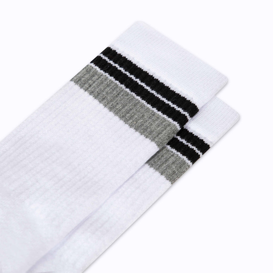 Close up view of cotton crew socks in white-black stripes