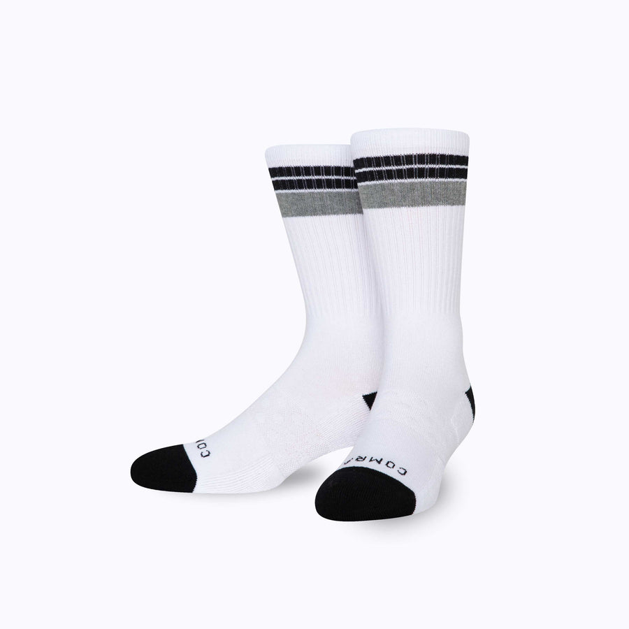 Front view of cotton crew socks in white-black stripes