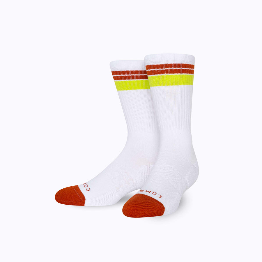 Front view of cotton crew socks in white-cinnamon stripes