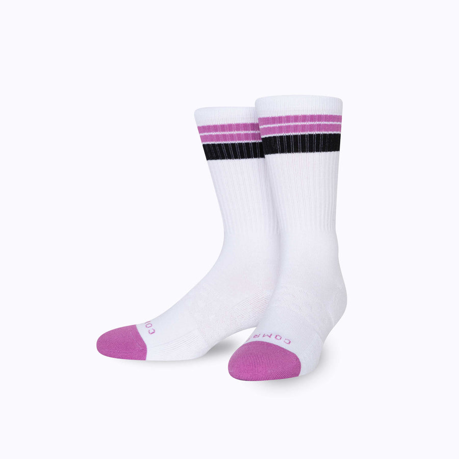 Front view of cotton crew socks in white-mulberry stripes