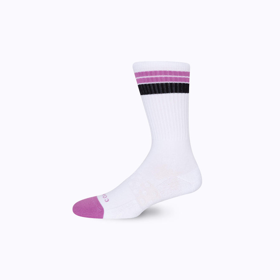 Side view of cotton crew socks in white-mulberry stripes