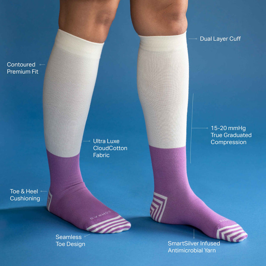 Side view of legs wearing a cotton compression socks in grey-black tencel stripe