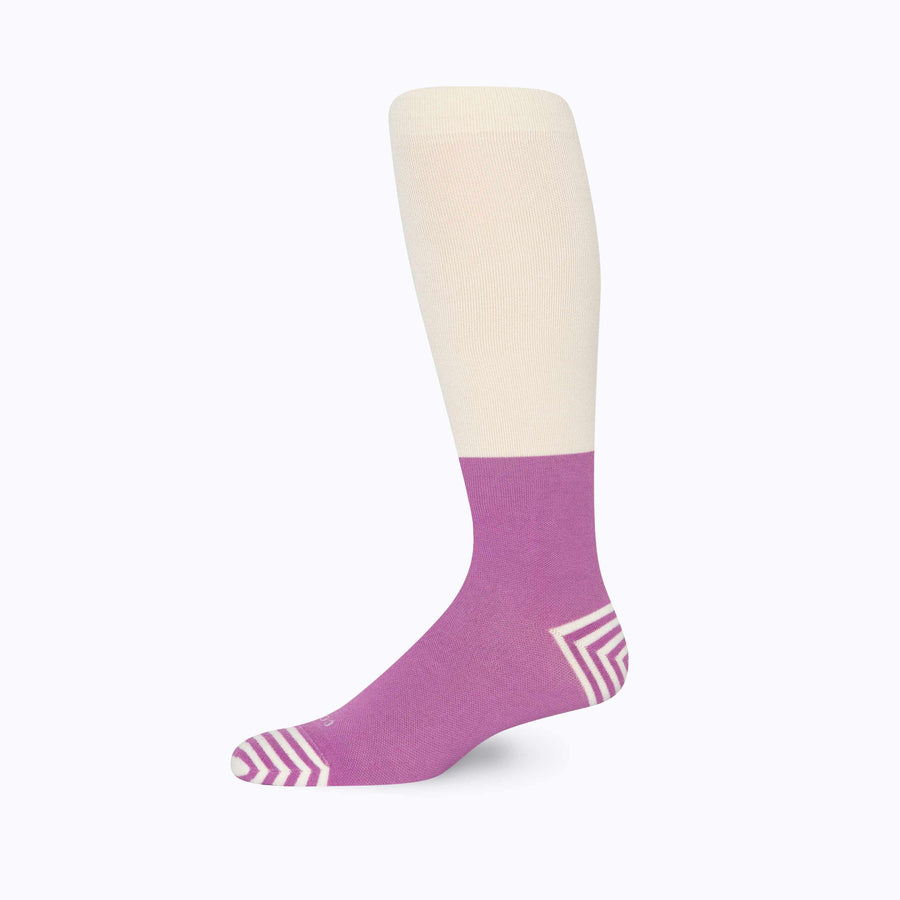Side view of cotton compression socks in crem-mulberry tencel colorblock