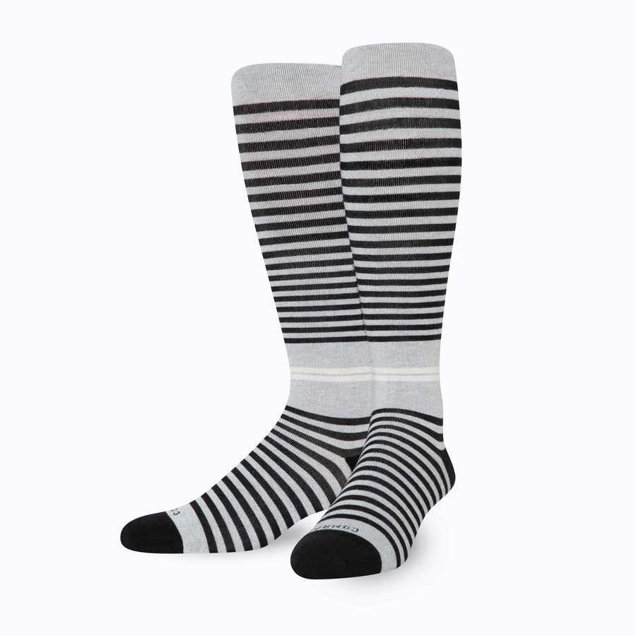 Front view of cotton compression socks in grey-black tencel stripe