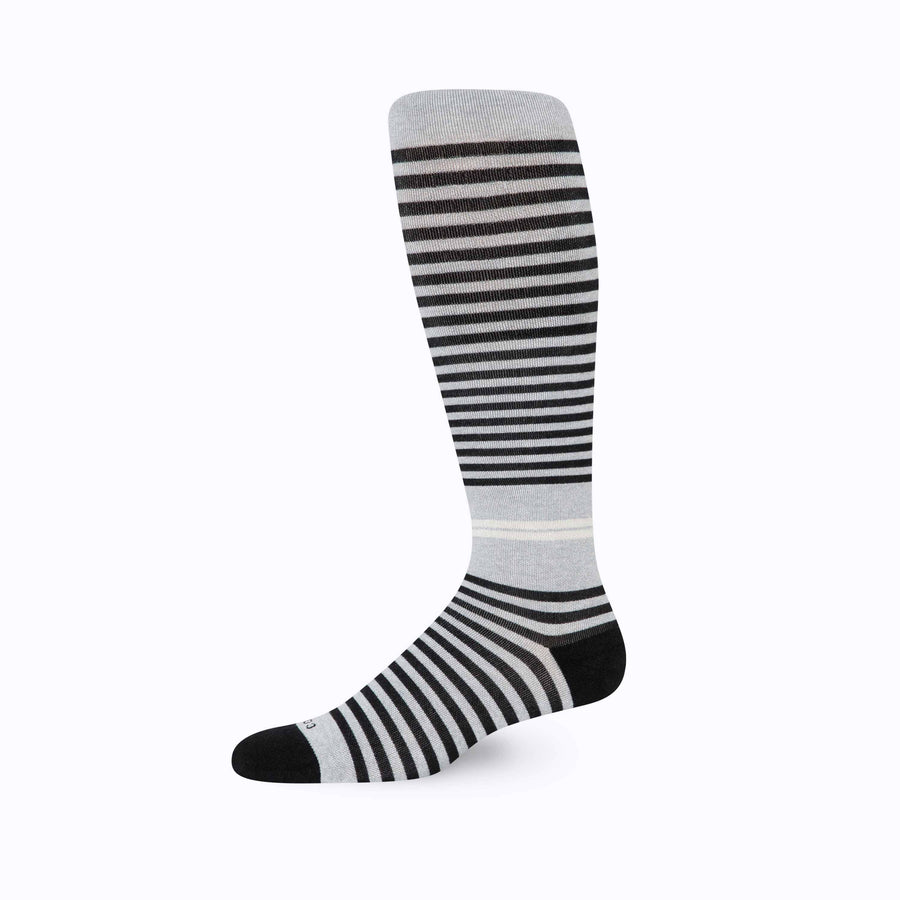 Side view of cotton compression socks in grey-black tencel stripe