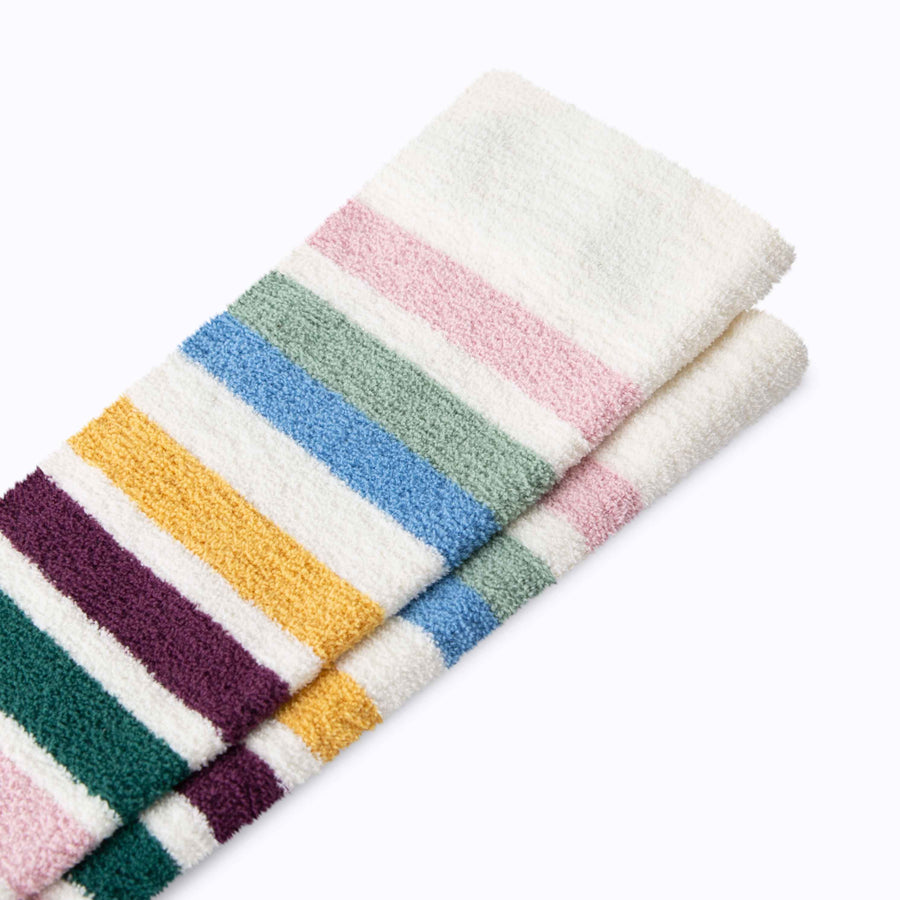 Close up view of cozy nylon compression socks in sand-multi